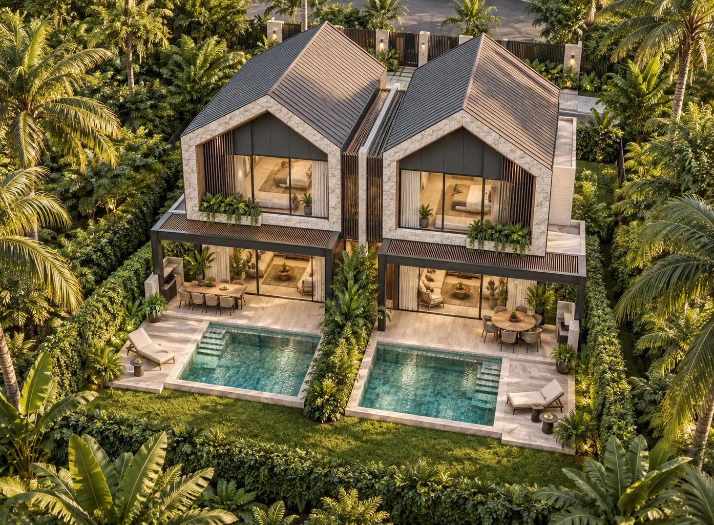Twin House from above: two pools, one for each half