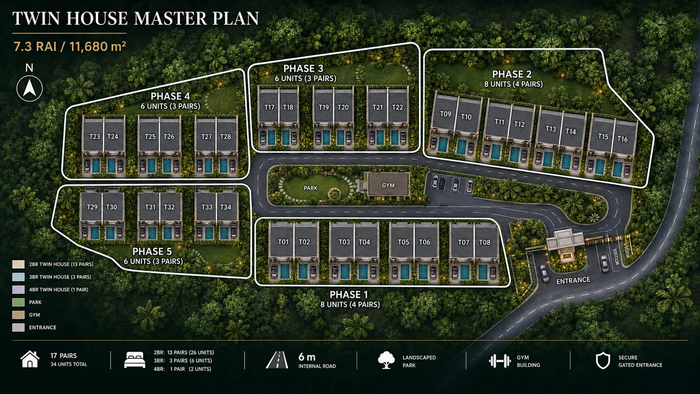 Master plan of the community: 34 twin houses, 17 pairs